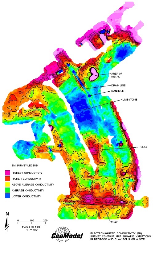 Results of GeoModel, Inc. EM sinkhole location survey at a site in Alabama with clayey soils